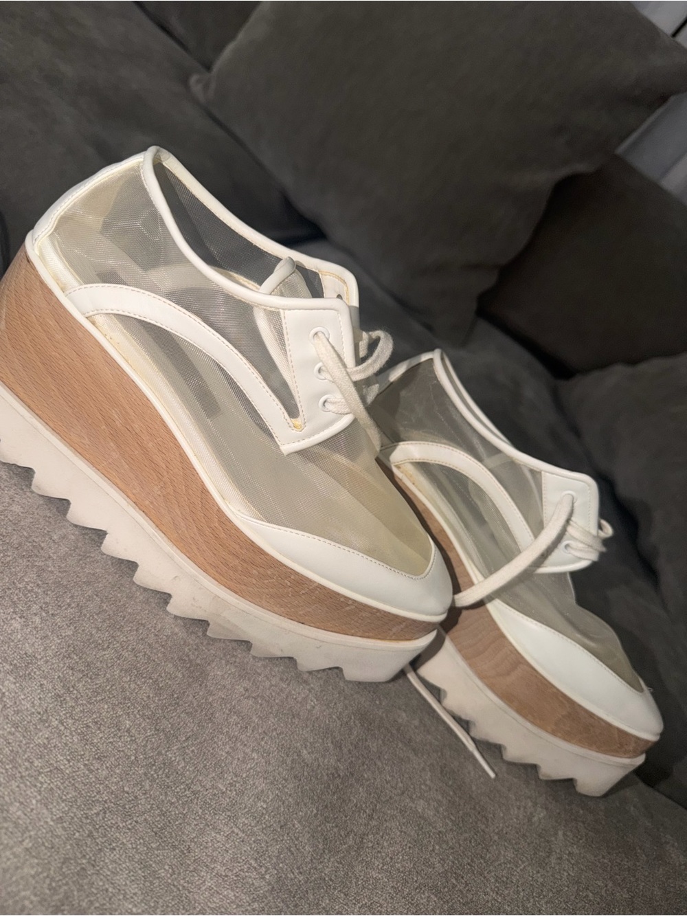 Stella McCartney White Mesh Platform Lace-Up Wedges with Wood-Effect Midsole